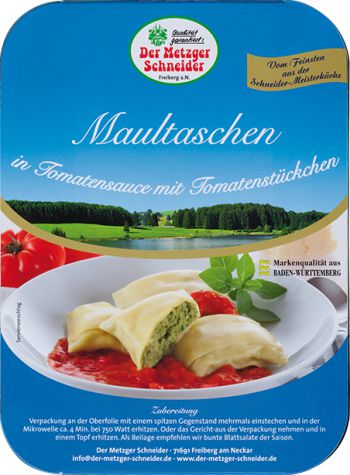 Verpackung Maultaschen in Tomatensauce